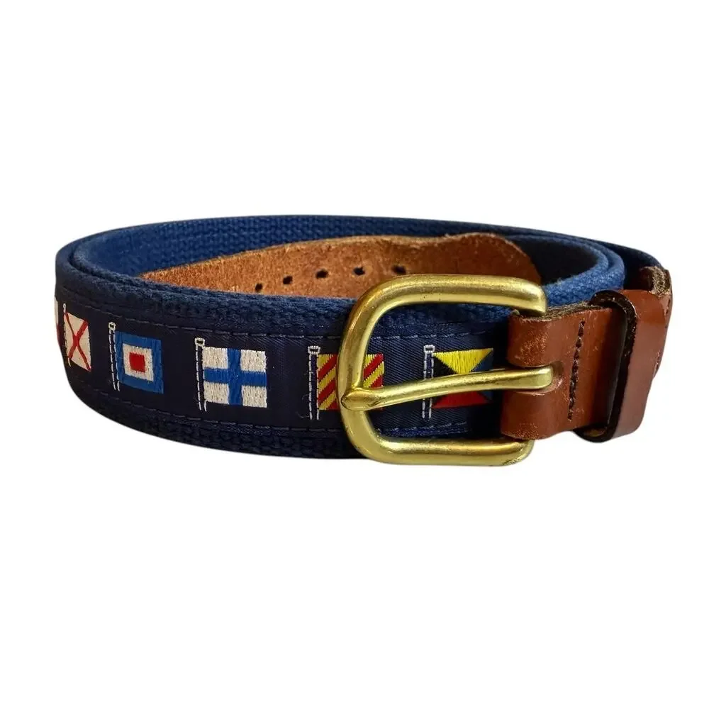 Vintage Canvas Sailing Flag Belt Navy Blue Leather Trim 44